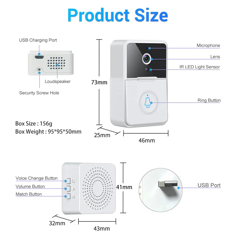 Wireless Security Smart WiFi Doorbell With Intercom, Video Camera & Chime